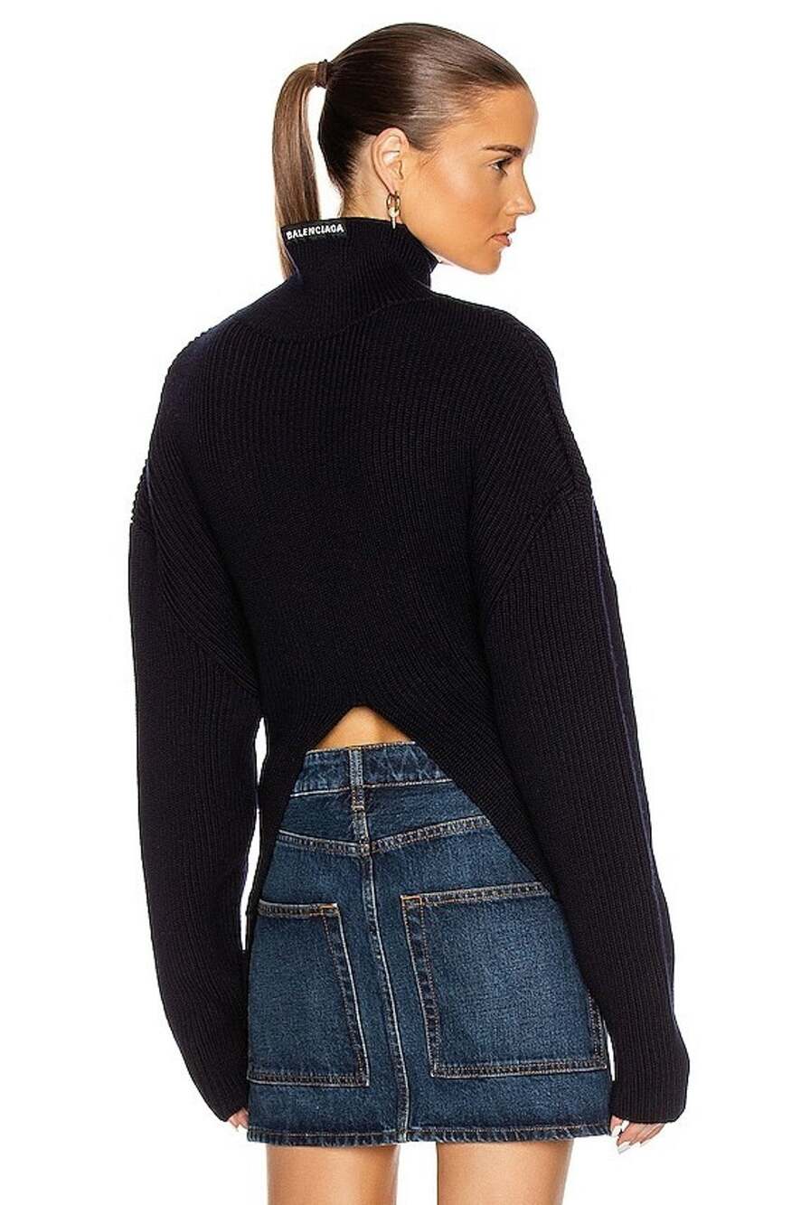 Balenciaga Women Sweaters Navy Blue 100% Wool Ribbed Knit Turtleneck Size XS